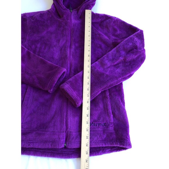 MARMOT Polartec Women Fluffy Fleece Jumper Large Full Zip Neon Purple Hooded - Picture 10 of 10